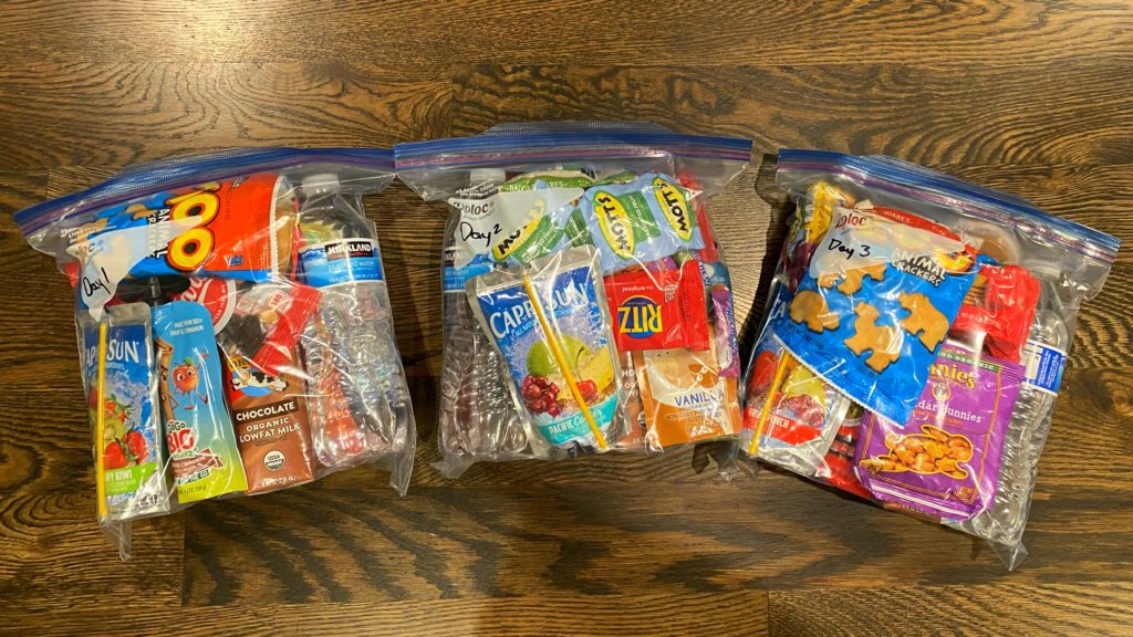 Bug out bag food packed in gallon sized freezer ZipLock bags.